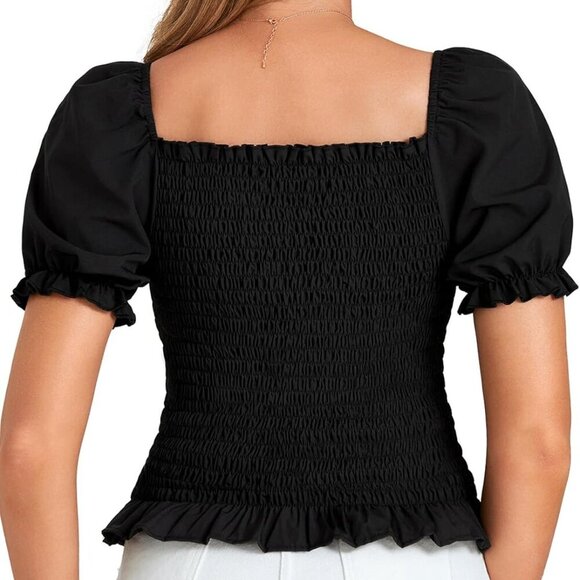 Women's Ruffle Peplum Smock Gingham Crop Top Square Neck Puff Short Sleeve Blous - Picture 2 of 7